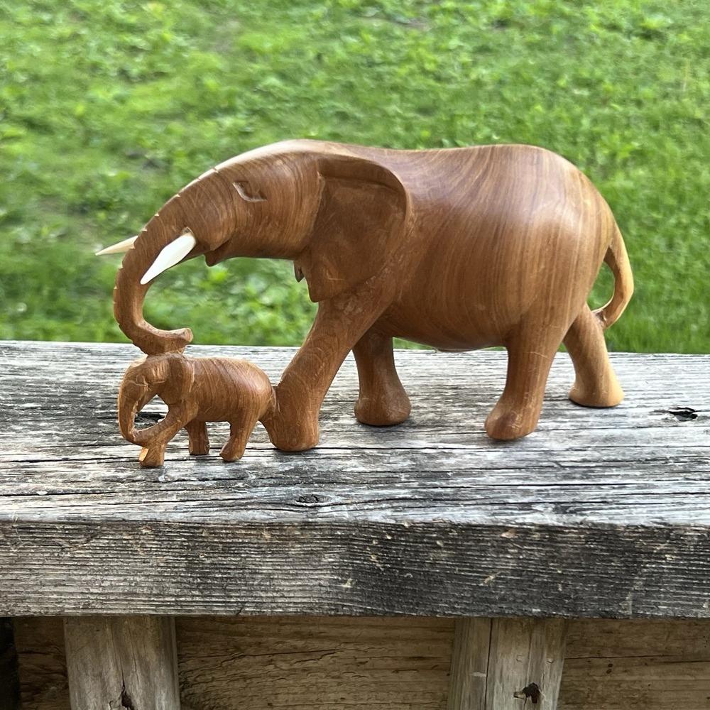 Hand Carved Kenya Wooden Elephant & Calf Connected Sculpture Safari Decor - Picture 2 of 8